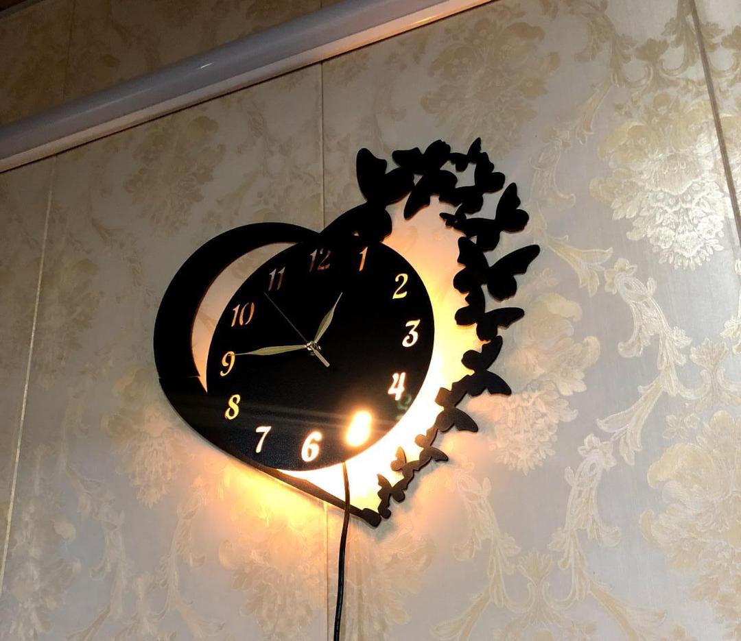Heart & Butterfly Wall Clock Black Battery Operated