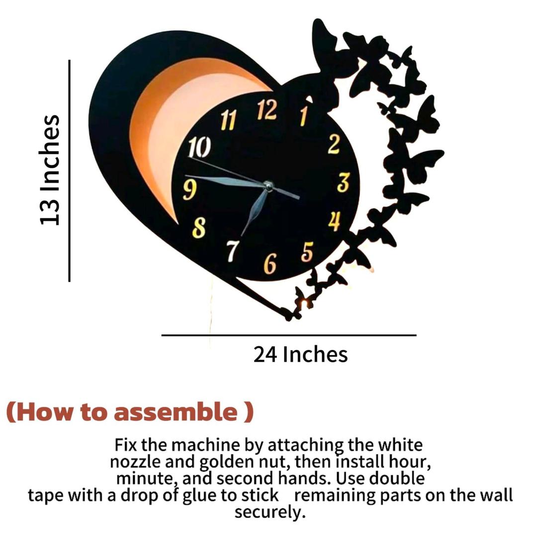 Heart & Butterfly Wall Clock Black Battery Operated