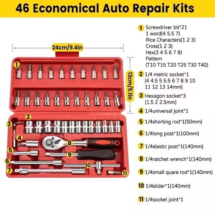 46 Pcs Chrome Vanadium Tool Kit Set Red