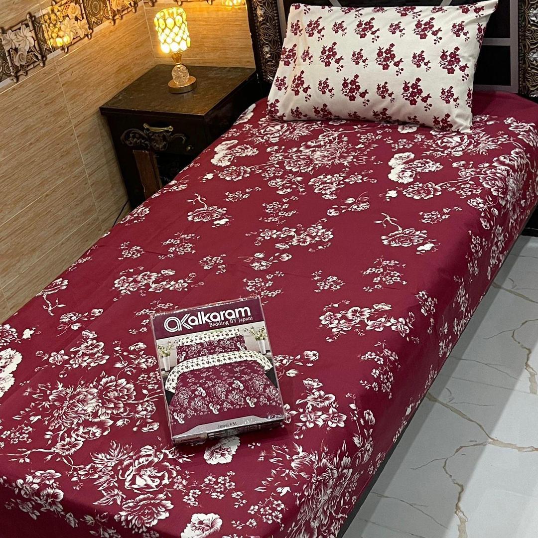 Maroon Printed Mix Cotton 4Pcs Single Bedsheet Set