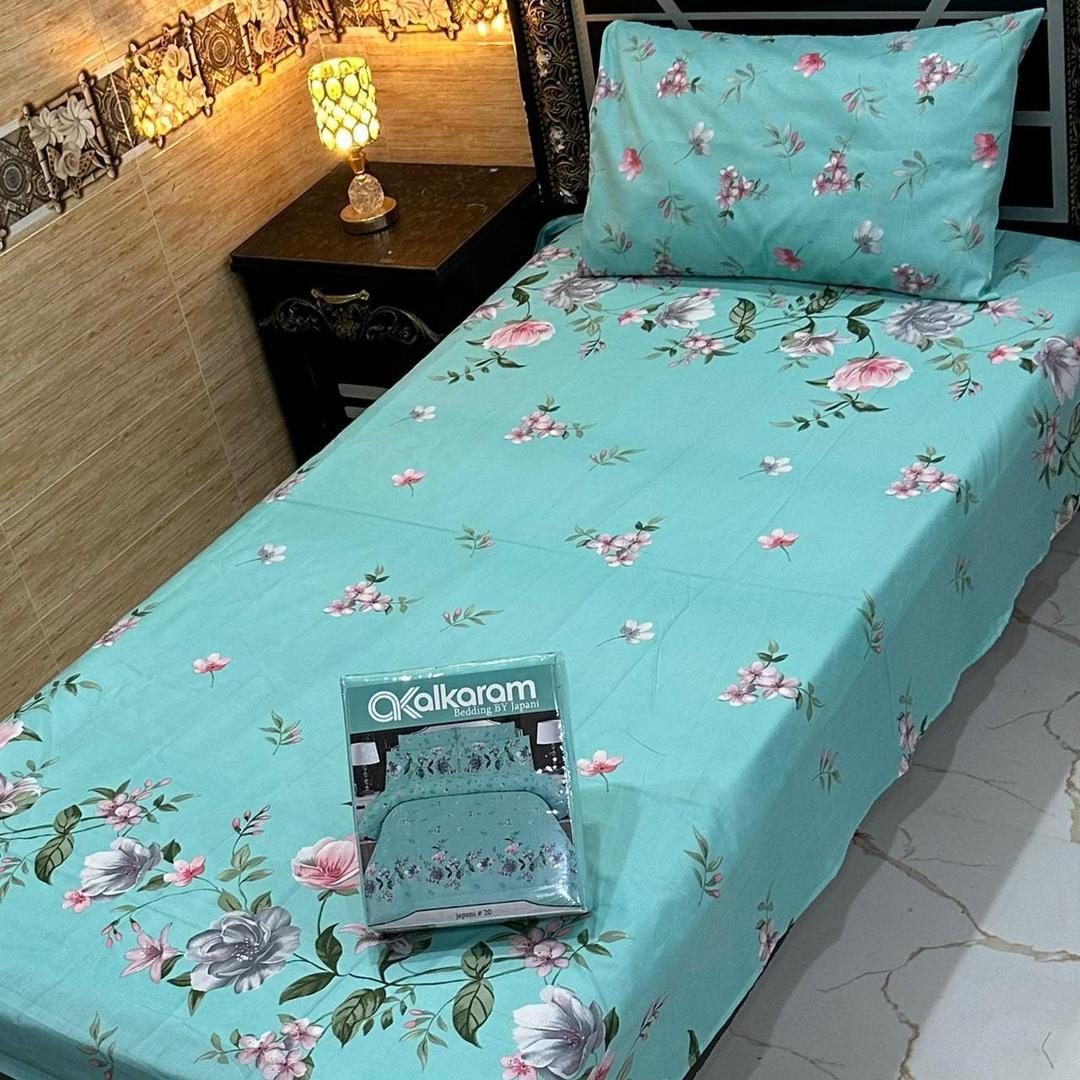 Blue Printed Mix Cotton Single Bedsheet Set 4 Pcs