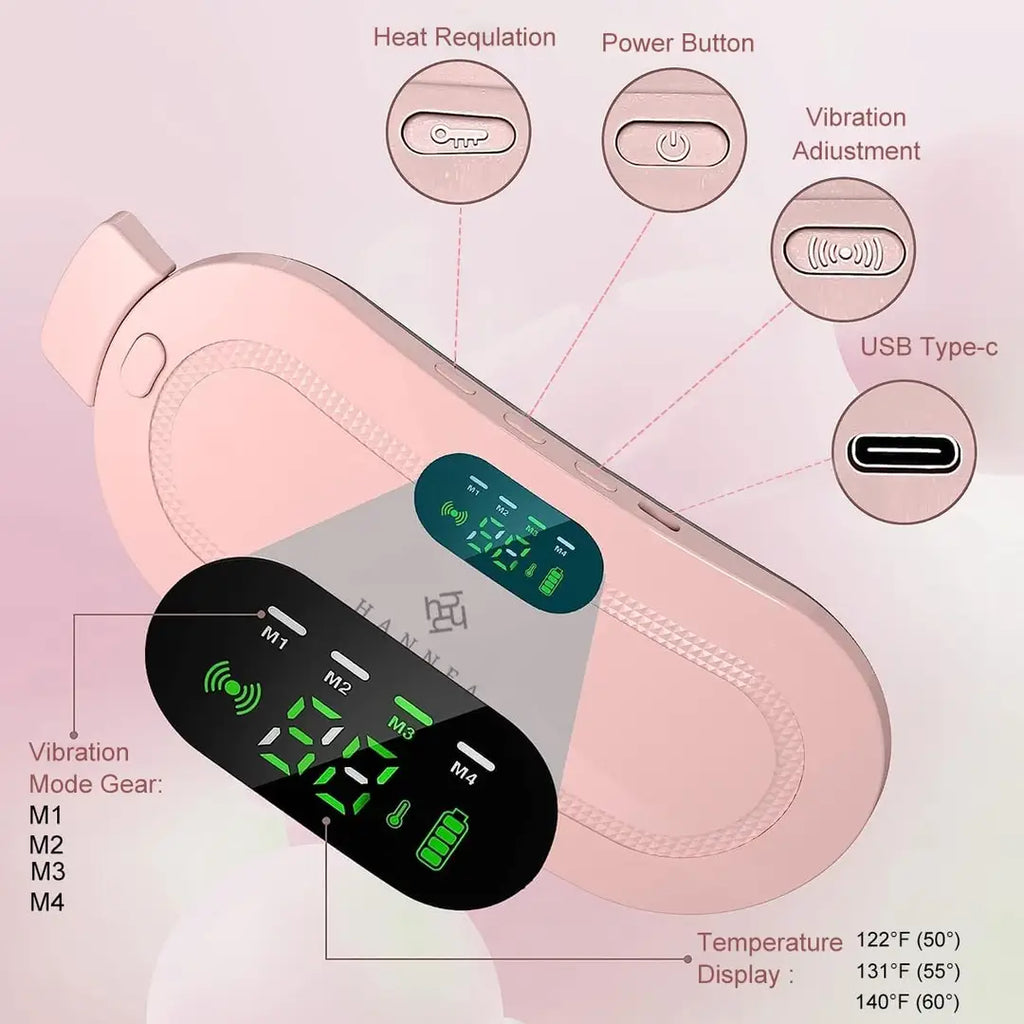 Period Cramp Relief Belt Portable Electric Menstrual Heating Pad with Massager | Rechargeable Heated Waist Belt | 3 Heat Levels | 4 Vibration Modes | Warm Compress for Menstrual Cramps, Back & Abdominal Pain Relief for Women & Girls
