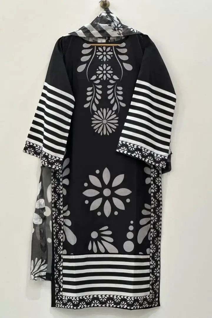 Stylish Women's Stitched Suit - 3 Pcs Digital Print Lawn Set in Black