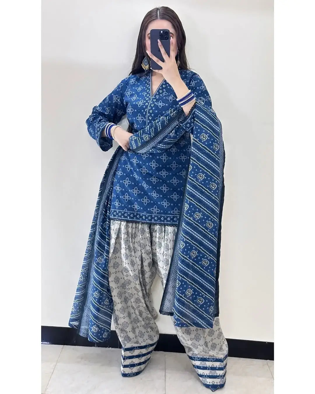 Stunning Women's Stitched Suit with Digital Print - 3 Pcs in Blue