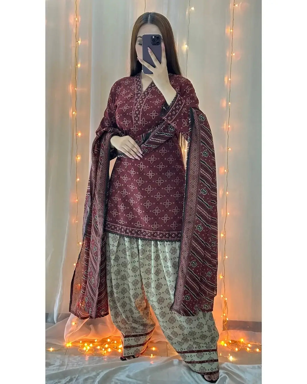 Stylish Women's Stitched Suit – 3 Pcs Digital Print in Maroon