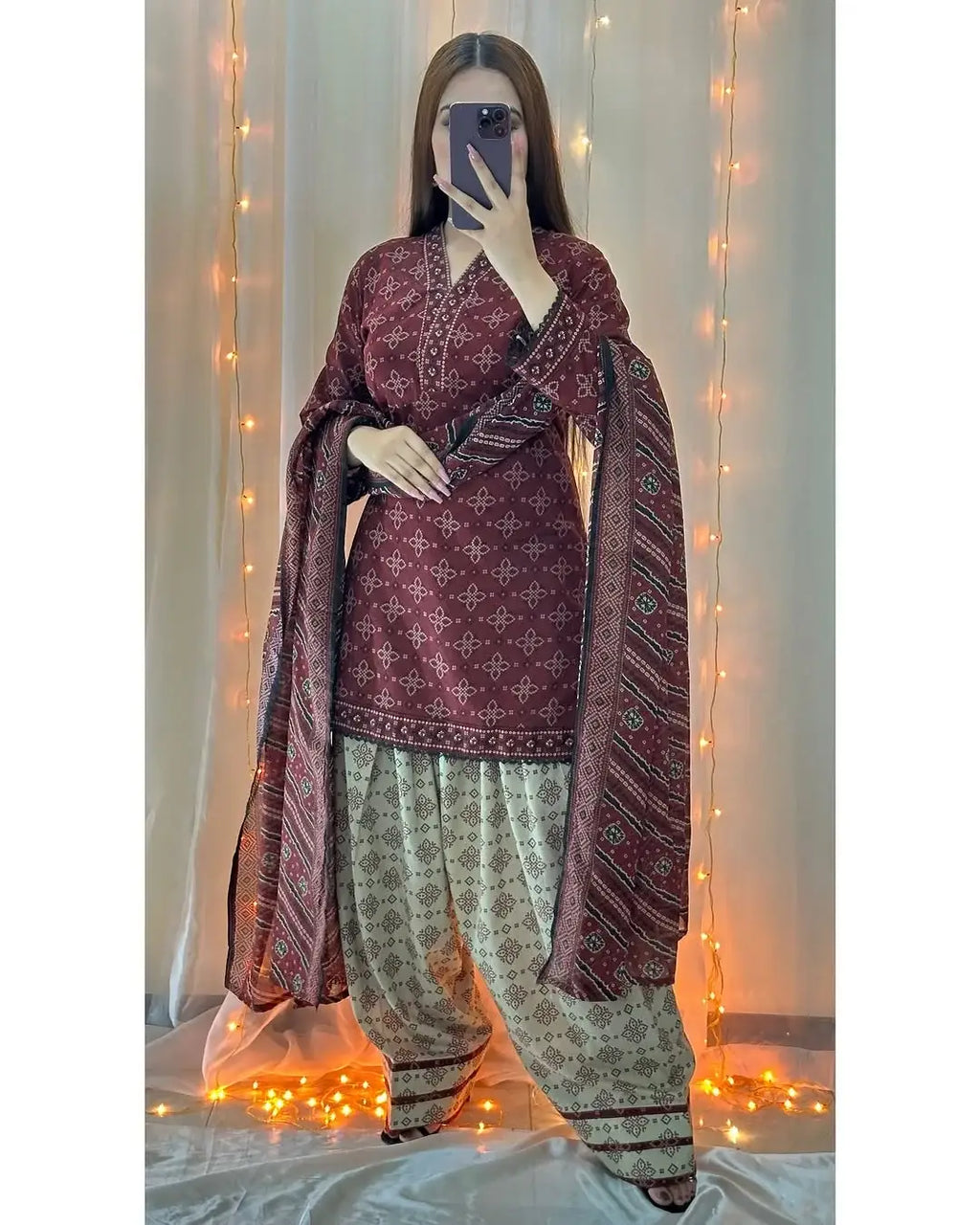 Stylish Women's Stitched Suit – 3 Pcs Digital Print in Maroon