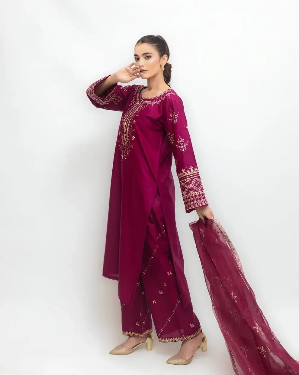 Stunning Pink Embroidered Arabic Lawn Suit - 3 Pcs Set