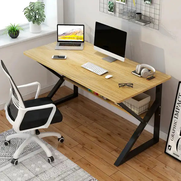 Study Table with Storage Shelf | Computer Desk | Wooden Office Table | Laptop Desk | Writing Desk | Modern Metal Frame Home Office Table