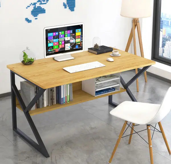 Study Table with Storage Shelf | Computer Desk | Wooden Office Table | Laptop Desk | Writing Desk | Modern Metal Frame Home Office Table