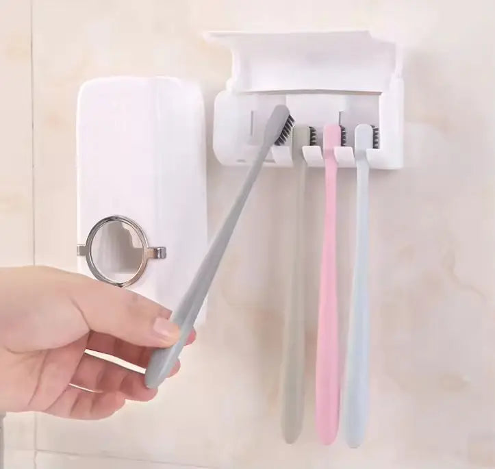 2 in 1 Automatic Toothpaste Dispenser & 5-Slot Toothbrush Holder – Wall Mounted Bathroom Organizer | No Drilling Required
