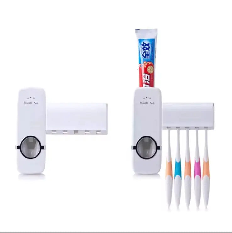 2 in 1 Automatic Toothpaste Dispenser & 5-Slot Toothbrush Holder – Wall Mounted Bathroom Organizer | No Drilling Required