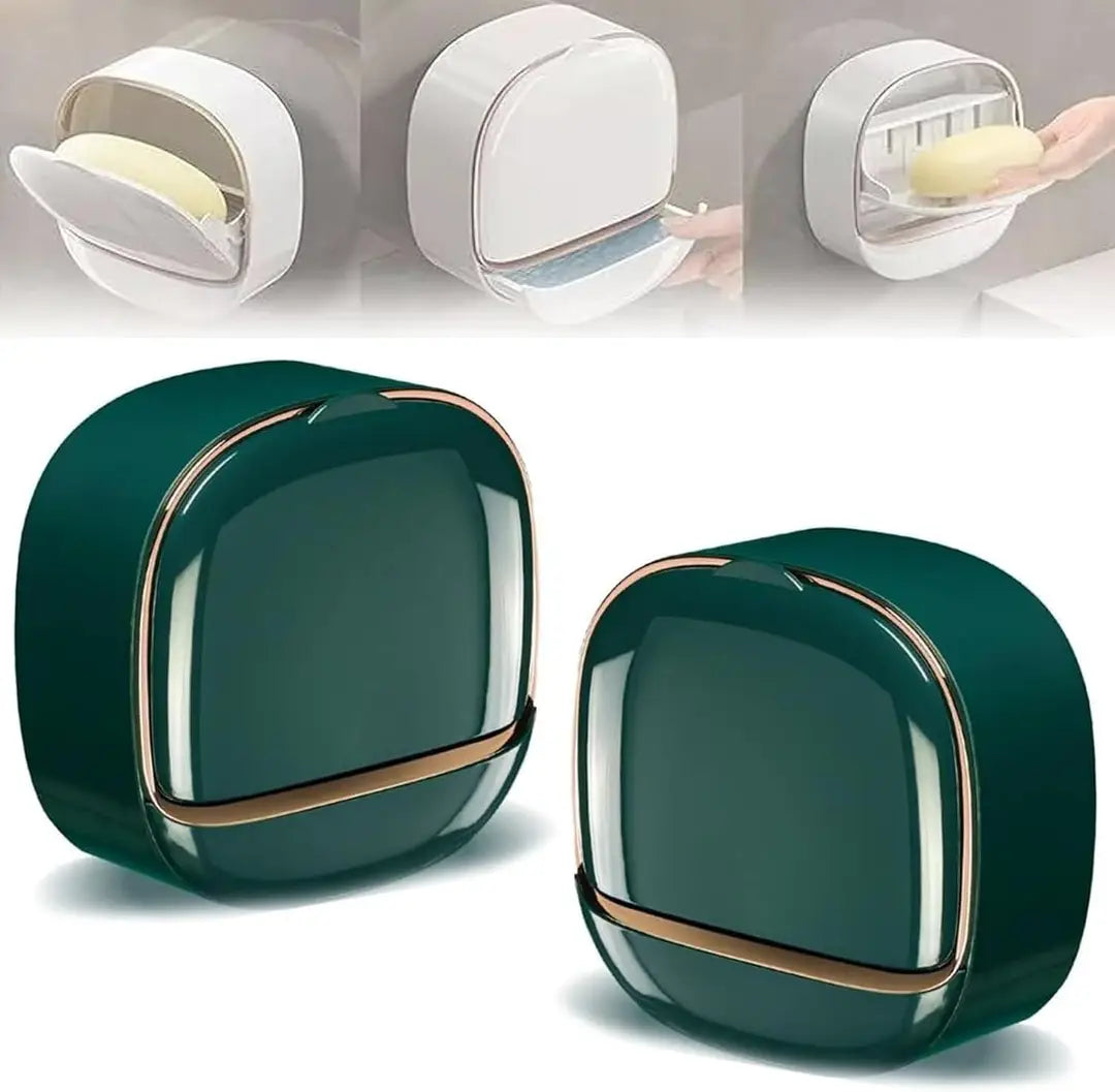 Wall Mounted Soap Box with Drain Tray – Waterproof Soap Holder with Lid, Self-Adhesive Bathroom Soap Case Organizer
