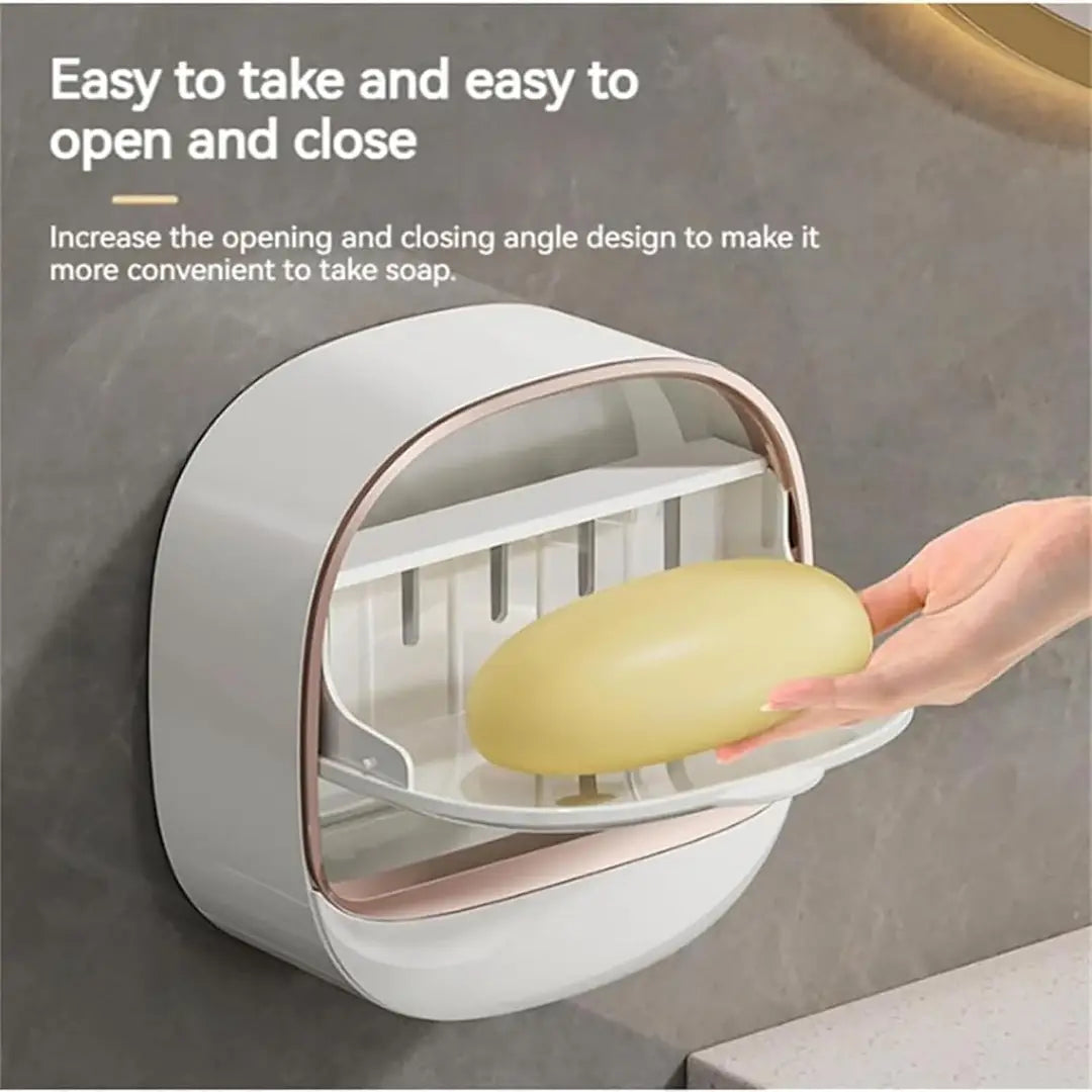 Wall Mounted Soap Box with Drain Tray – Waterproof Soap Holder with Lid, Self-Adhesive Bathroom Soap Case Organizer