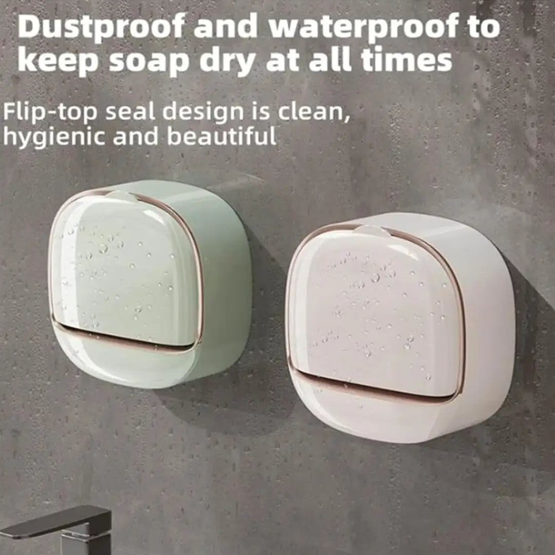 Wall Mounted Soap Box with Drain Tray – Waterproof Soap Holder with Lid, Self-Adhesive Bathroom Soap Case Organizer