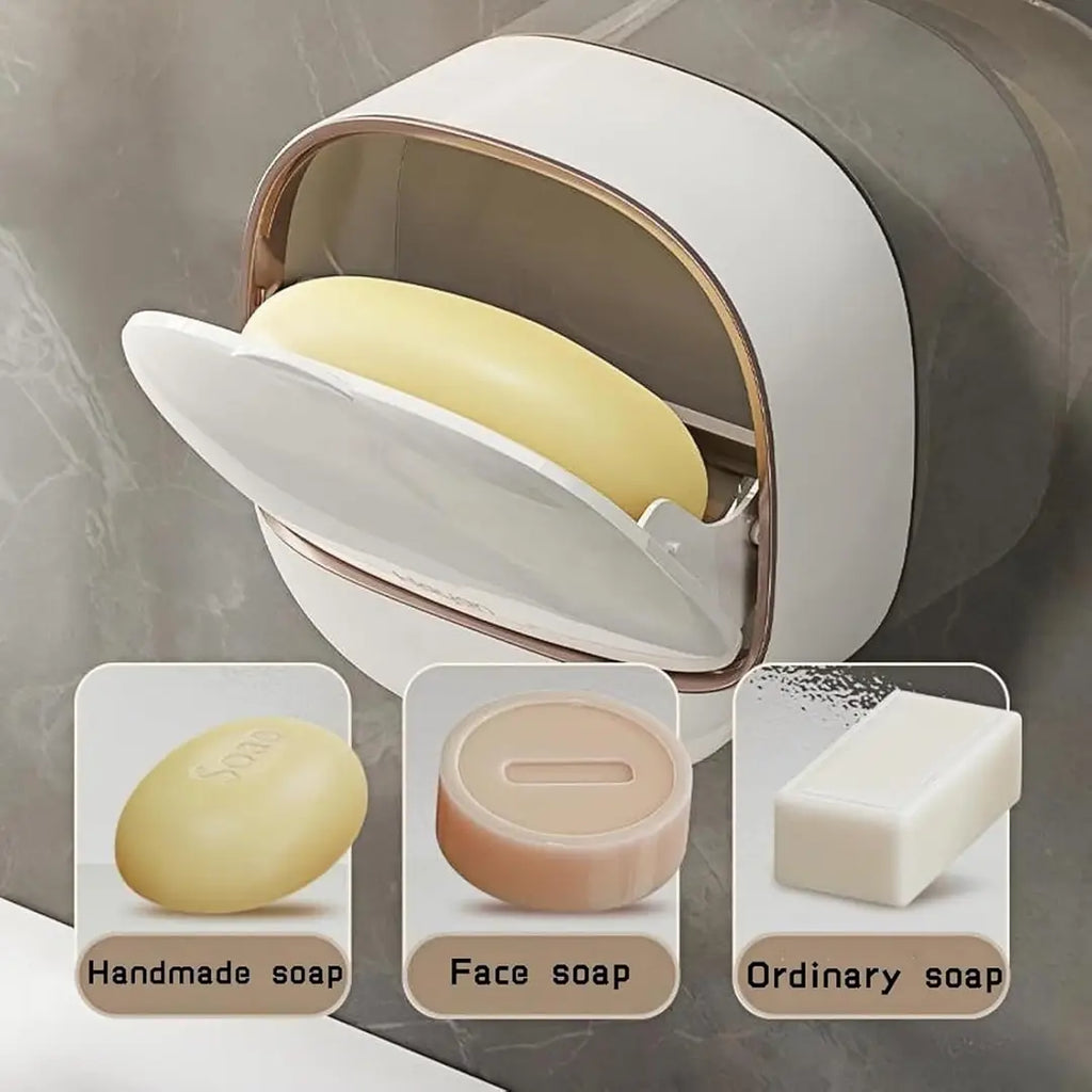 Wall Mounted Soap Box with Drain Tray – Waterproof Soap Holder with Lid, Self-Adhesive Bathroom Soap Case Organizer