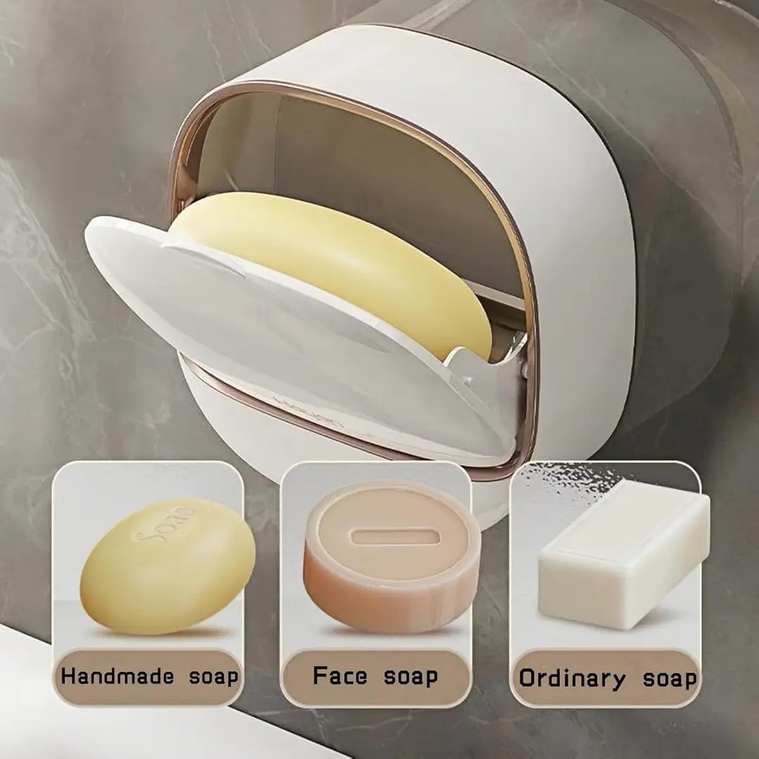 Wall Mounted Soap Box with Drain Tray – Waterproof Soap Holder with Lid, Self-Adhesive Bathroom Soap Case Organizer