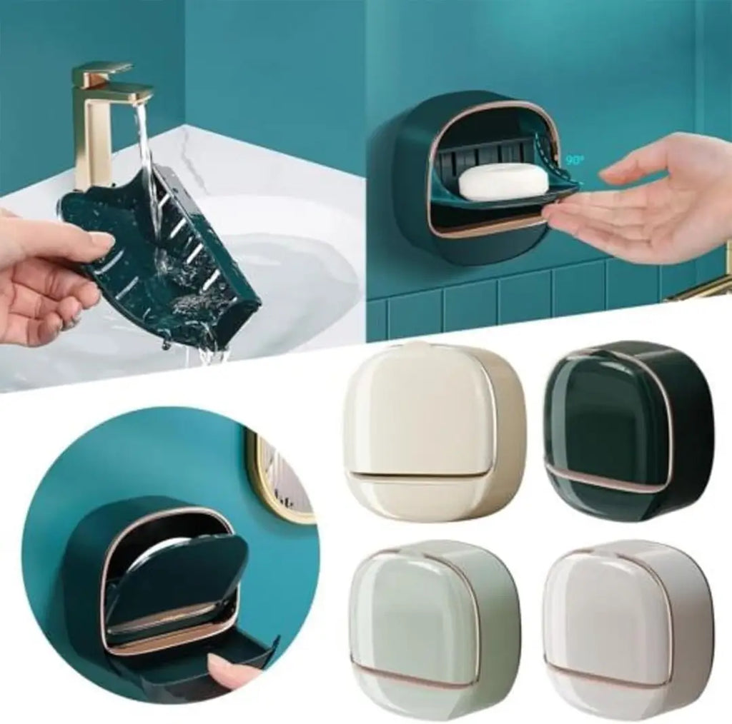 Wall Mounted Soap Box with Drain Tray – Waterproof Soap Holder with Lid, Self-Adhesive Bathroom Soap Case Organizer