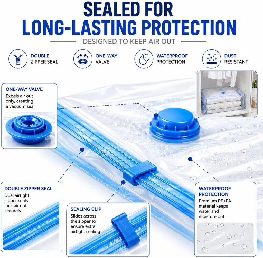 Vacuum Storage Bags with Hand Pump — save up to 80% space.