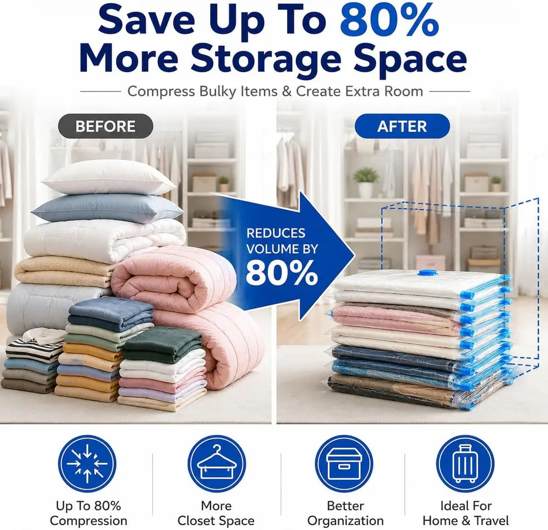 Vacuum Storage Bags with Hand Pump — save up to 80% space.