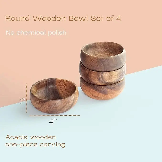 Set of 4 Acacia Wood Bowls – Eco-Friendly Handmade Wooden Bowl Set for Nuts, Snacks & Dipping Sauce