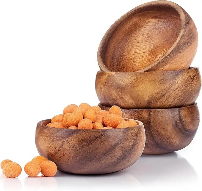 Set of 4 Acacia Wood Bowls – Eco-Friendly Handmade Wooden Bowl Set for Nuts, Snacks & Dipping Sauce