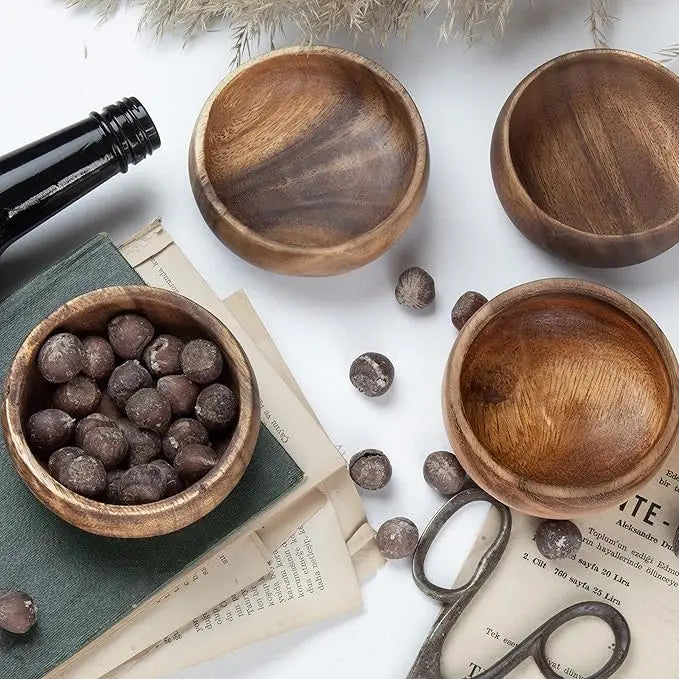Set of 4 Acacia Wood Bowls – Eco-Friendly Handmade Wooden Bowl Set for Nuts, Snacks & Dipping Sauce