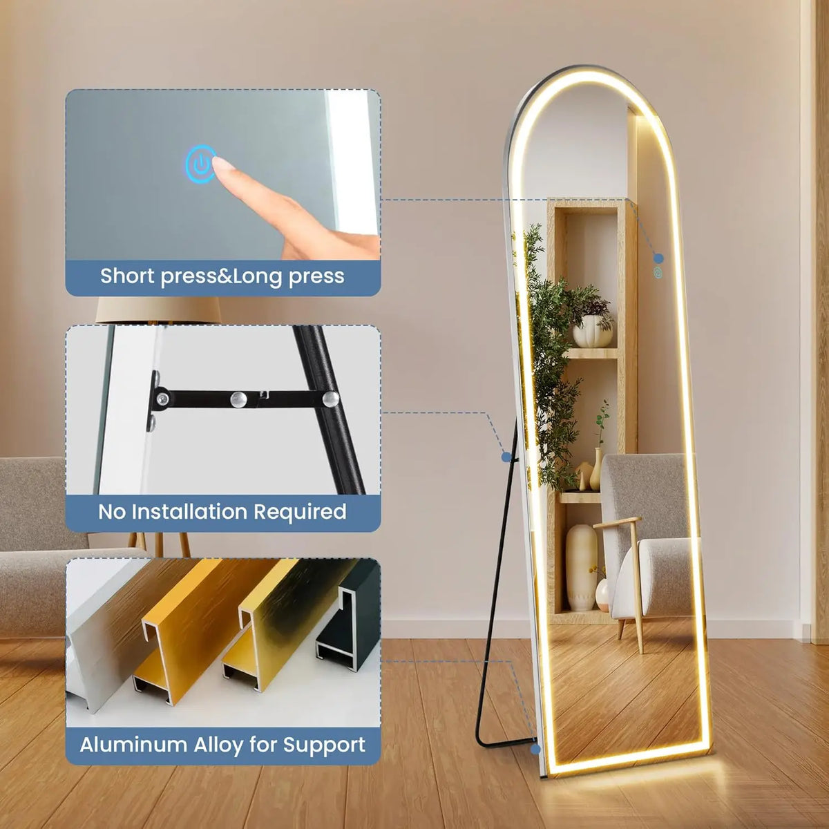 LED Full Length Mirror – Touch Switch, Aluminum Frame, Floor Standing | Arched & Rectangular