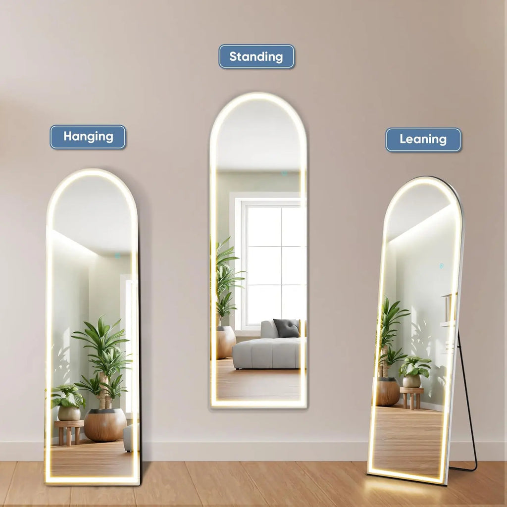 LED Full Length Mirror – Touch Switch, Aluminum Frame, Floor Standing | Arched & Rectangular