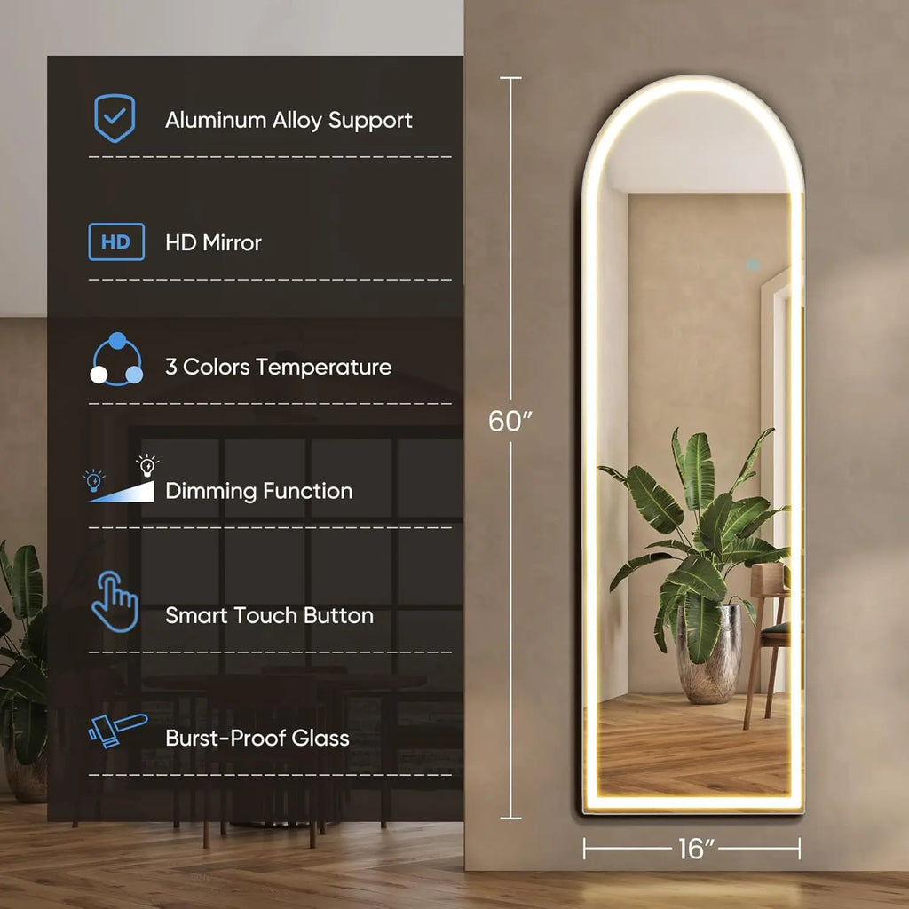 LED Full Length Mirror – Touch Switch, Aluminum Frame, Floor Standing | Arched & Rectangular